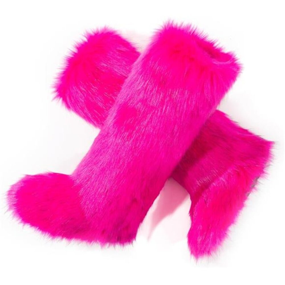 Women's Faux Fur Boots Knee-High Furry Snow Boots Fluffy Warm Winter Boots - Picture 6 of 7